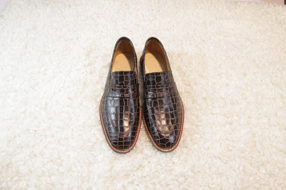 Hand Made Brown Croc Leather Loafers Men's Shoes